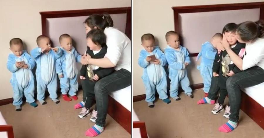 三胞胎合伙欺負小姨，媽媽趕來后問是誰干的，寶寶們當場窩里反了